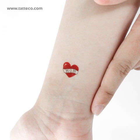 Small Heart with Mom Banner Temporary Tattoo - Set of 3