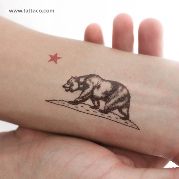 California Grizzly Bear and Red Star Temporary Tattoo - Set of 3