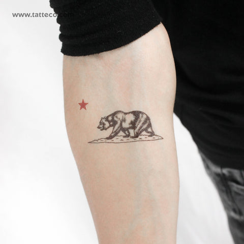 California Grizzly Bear and Red Star Temporary Tattoo - Set of 3