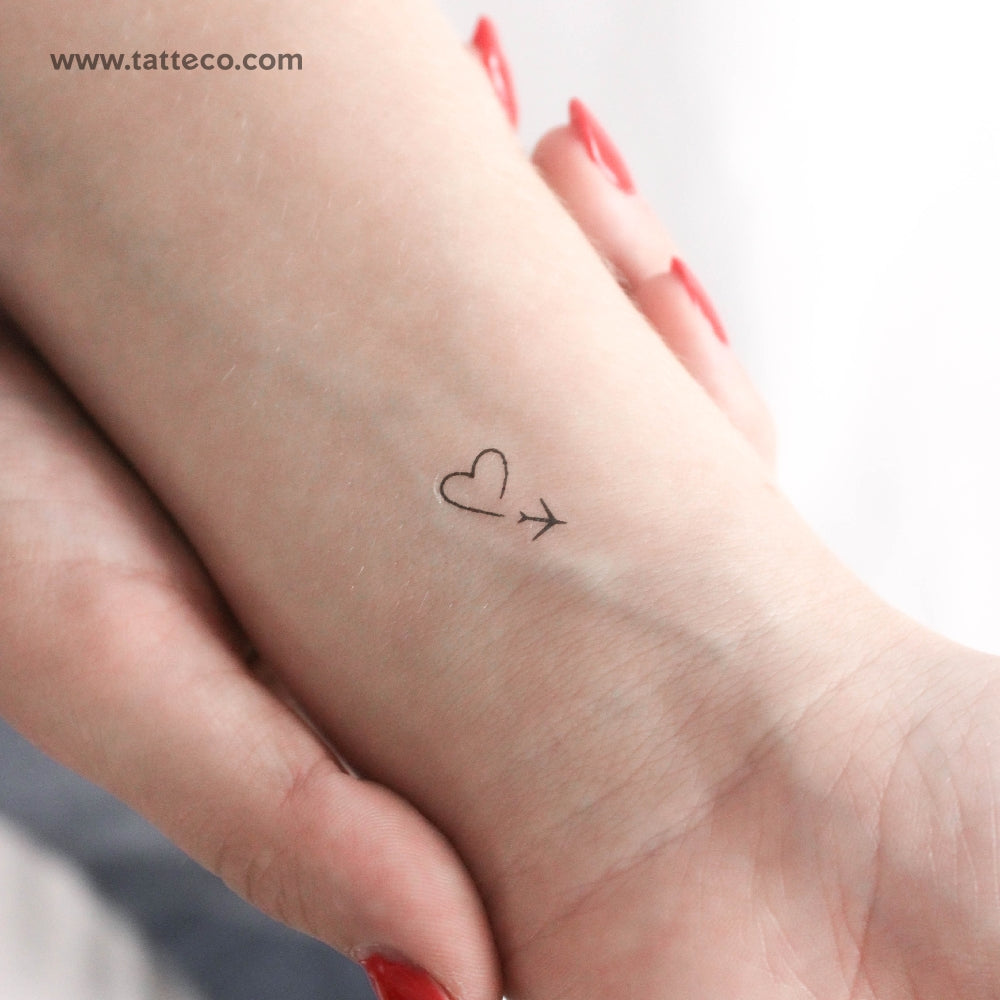 Tiny Airplane And Heart Temporary Tattoo - Set of 3