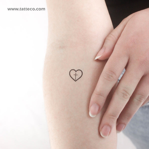 Fine Line Cross Inside Heart Temporary Tattoo - Set of 3